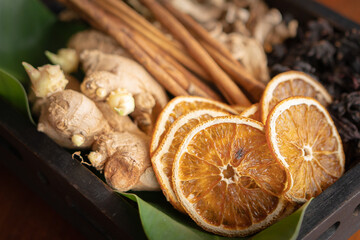 dried orange, ginger and cinnamon for spa treatment