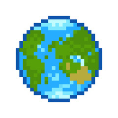 Pixel art planet Earth icon vector illustration on white background. Pixel planet for 8-bit retro game © VRTX