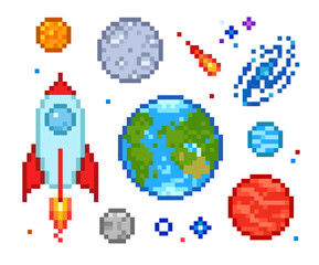 Obraz premium Pixel Art solar system icons set of rocket, planets, galactic, cosmic space objects. Mars, Earth, Moon, asteroid. 8-bit retro game style design