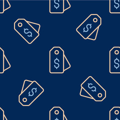 Line Price tag with dollar icon isolated seamless pattern on blue background. Badge for price. Sale with dollar symbol. Promo tag discount. Vector