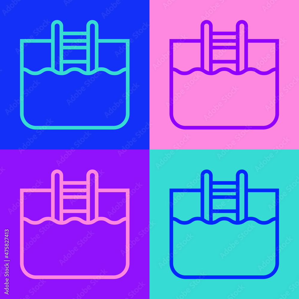 Aufkleber pop art line swimming pool with ladder icon isolated on color background. vector