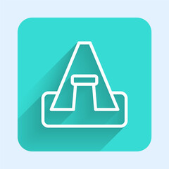 White line Tourist tent icon isolated with long shadow background. Camping symbol. Green square button. Vector