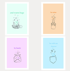 Set of vector cards for Valentine's Day. St. Valentine's Day. Congratulations to the lovers. 4 postcards with short inscriptions. Minimalism.