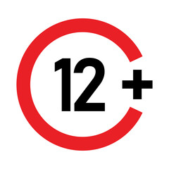 12 plus sign. Twelve. Age restrictions, censorship, parental control. Icon for content, movies and toys.