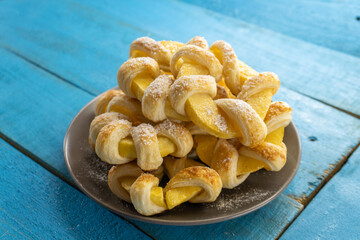 Baked puff pastry with toppings.Pastry recipe