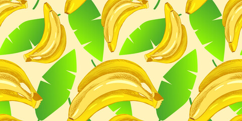 Seamless pattern illustration of bananas and leaves of a banana tree in vibrant colors. Illustration for advertising, packaging or publishing recipes. Culinary illustration of vegetables