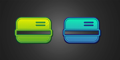 Green and blue Credit card icon isolated on black background. Online payment. Cash withdrawal. Financial operations. Shopping sign. Vector