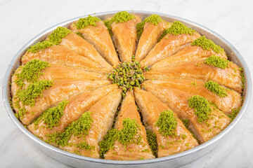 Carrot Slice Baklava (Turkish: Havuc Dilim Baklava) on tray. Traditional Baklava from Gaziantep,...
