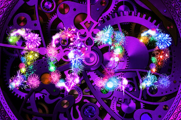 2022 Happy New Year holiday. Two thousand twenty two. Numbers are made of fireworks, fairy stars and sparkles with Mechanical clock abstract in the background. Celebration time abstract background