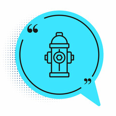 Black line Fire hydrant icon isolated on white background. Blue speech bubble symbol. Vector
