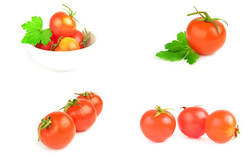 Set of tomatoes over a white background