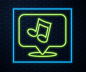 Glowing neon line Music note, tone icon isolated on brick wall background. Vector