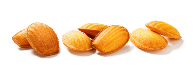 Perfect French madeleine cookies, buttery and delicate. Isolated on white background. 