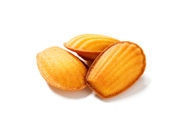 Perfect French madeleine cookies, buttery and delicate. Isolated on white background.  - obrazy, fototapety, plakaty