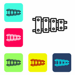 Black line Xylophone - musical instrument with thirteen wooden bars and two percussion mallets icon isolated on white background. Set icons in color square buttons. Vector