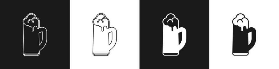 Set Glass of beer icon isolated on black and white background. Happy Saint Patricks day. National Irish holiday. Vector
