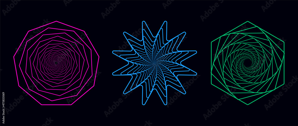 Poster set of twisted spirals. sacred geometry. tunnel with lines in the form of a circle and hexagons. vec