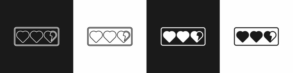 Set Game life bar icon isolated on black and white background. Health heart bar. Vector