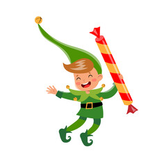 Vector cartoon boy elf in green costume with candy