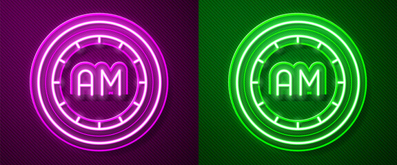 Glowing neon line Morning time icon isolated on purple and green background. Time symbol. Vector