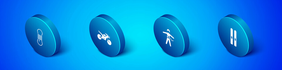 Set Isometric Climber rope, Bungee jumping, Ski and sticks and Motorcycle icon. Vector