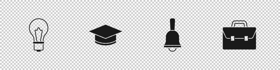Set Light bulb with idea, Graduation cap, Ringing bell and Briefcase icon. Vector