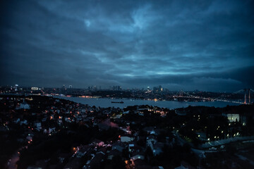 Istanbul at dusk, captured from a helicopter. The waterway, Bosphorus, is the geographic divison of Europe and Asia.