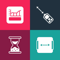 Set pop art Area measurement, Old hourglass with sand, Laser distance measurer and Graph, schedule, chart, diagram icon. Vector