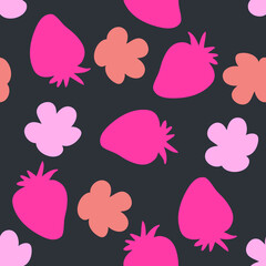 Silhouette strawberries and flowers seamless pattern. Perfect for T-shirt, textile and prints. Hand drawn vector illustration for decor and design.
