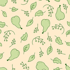 Hand drawn seamless pattern of pears, leaves and branches of berries. Perfect for T-shirt, textile and print. Doodle vector illustration for decor and design.
