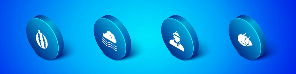 Set Isometric Watermelon, Autumn clothes, Roasted turkey or chicken and Windy weather icon. Vector