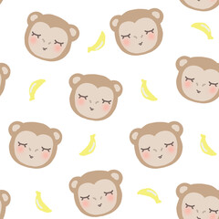 Seamless pattern cute animal faces of monkey and banana. Baby and child desigh.