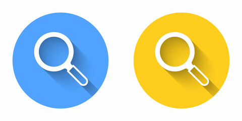 White Magnifying glass icon isolated with long shadow background. Search, focus, zoom, business symbol. Circle button. Vector