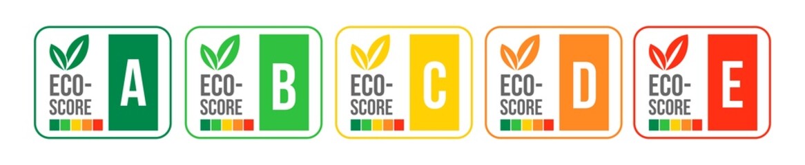 Eco-score, nutri-score, planet-score sustainability vector label