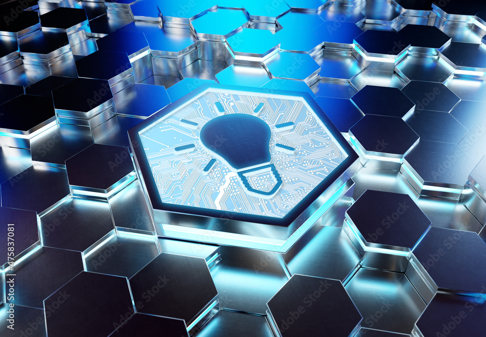 Aufkleber Lightbulb icon creativity concept engraved on metal hexagonal pedestral background. Innovation symbol glowing on abstract digital surface. 3d rendering