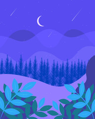 Night nature, starry sky, falling stars, shining of a crescent moon, fir forest on the horizon