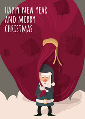 Santa Claus with a big bag of gifts. Banner for the holiday sale. Lots of New Year's gifts. The bag is bursting at the seams. Vector illustration for Christmas. Happy New Year.