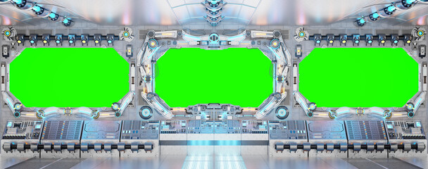White spaceship interior with isolated window. Futuristic spacecraft with glowing blue and red control panels and empty view. 3D rendering