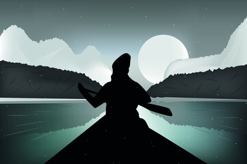 The girl on the boat. Winter nature. Highest mountains, blue river, snow