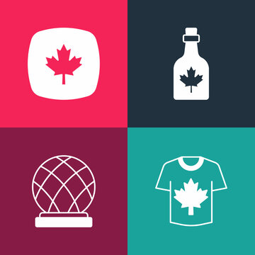 Set pop art Hockey jersey, Montreal Biosphere, Bottle of maple syrup and Canadian leaf icon. Vector