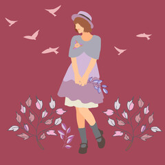 illustration of a flat girl in a vintage dress