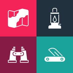 Set pop art Swiss army knife, Binoculars, Camping lantern and and hiking on map icon. Vector