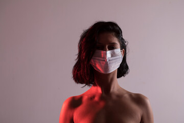 Close up of woman wearing protective mask. Mask face. Epidemic. Pandemic. 