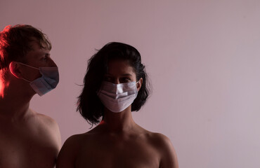 Couple mask face. Stay home. Mask. Hope. Help. Couple in love. 