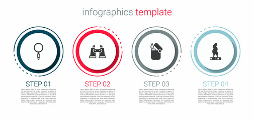 Set Magnifying glass, Binoculars, Lighter and Campfire. Business infographic template. Vector