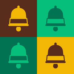 Pop art Merry Christmas ringing bell icon isolated on color background. Alarm symbol, service bell, handbell sign, notification. Vector