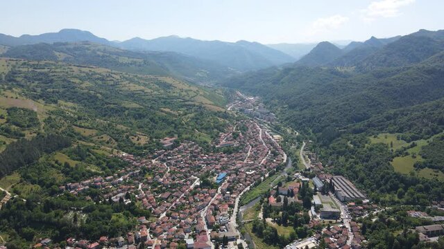 Aerial view of town of Teteven at Balkan Mountains, Lovech region, Bulgaria