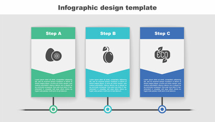 Set Kiwi fruit, Plum and Leaf Eco symbol. Business infographic template. Vector