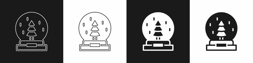 Set Christmas snow globe with fallen snow and christmas tree icon isolated on black and white background. Merry Christmas and Happy New Year. Vector