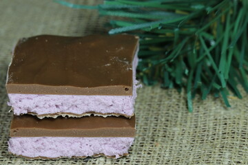 Pieces of chocolate with fruit filling on the background of the Christmas tree.